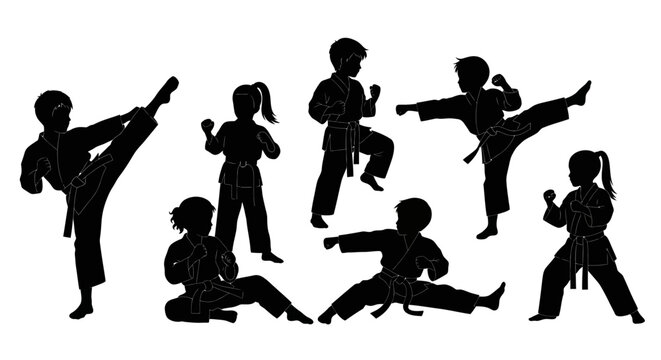 Martial arts kids silhouettes vector set, children karate and taekwondo poses, black silhouettes of young fighters in kimono for sports branding