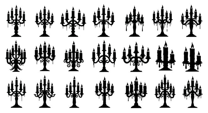 Gothic candelabra silhouette collection, 21 vintage chandelier icons with burning candles, ornate black candelabrum vector set for spooky decor