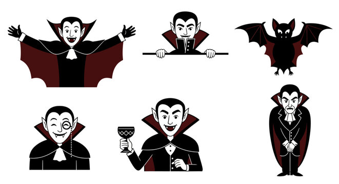 Vintage Halloween vampire character set, 6 cartoon count dracula illustrations, retro gothic horror bat and vampire vector icons for party invitations