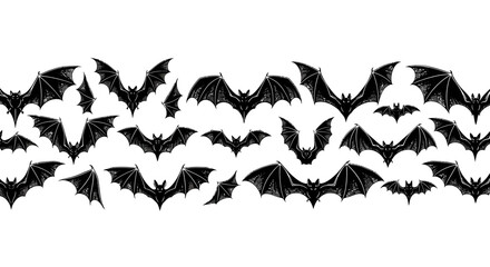 Fototapeta premium Halloween bat silhouettes collection, black flying bats vector set, spooky gothic animal illustrations for party decor and invitation design