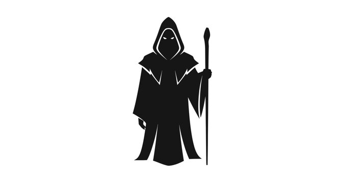 Mysterious hooded wizard silhouette, dark sorcerer holding magic staff vector, fantasy necromancer character icon for gaming and esports