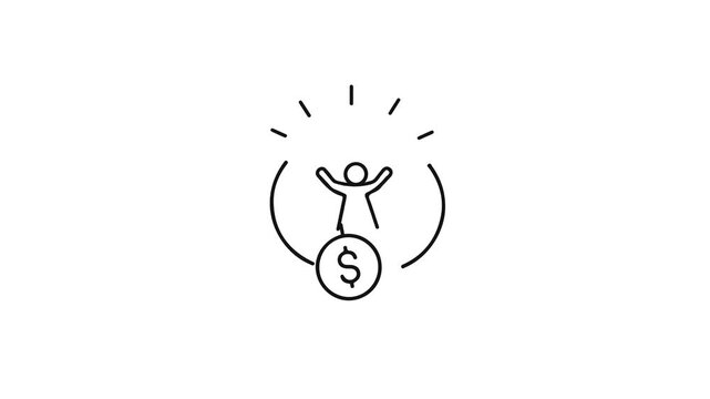 Minimalist line icon of a happy cheering person standing on a dollar coin. A perfect visualization representing financial success achievement.