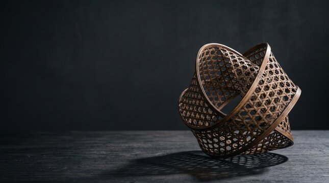 Abstract contemporary Japanese bamboo weaving art sculpture on dark wooden table with intricate shadow
