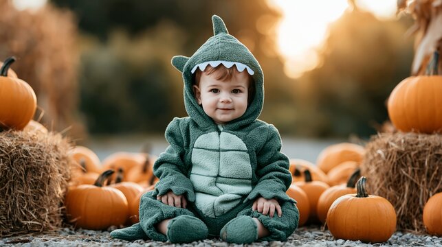 Adorable baby wearing a dinosaur costume sitting among pumpkins and hay bales in a sunny autumn pumpkin patch