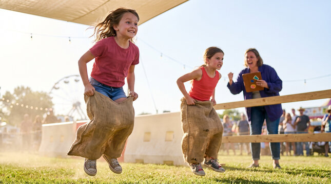 Two girls competing in a sack race at a sunny outdoor fair  