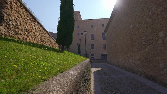 Stone walkway beside the former San Pablo Convent in historic Cuenca, Castilla La Mancha