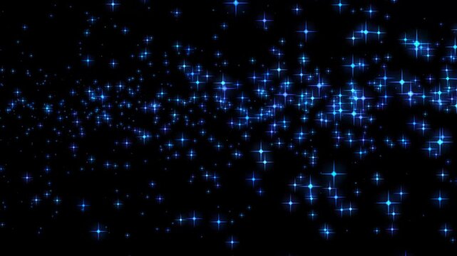 Magical night sky sequence featuring glowing blue four-pointed stars and particles drifting across a deep black background, suggesting space or magic.