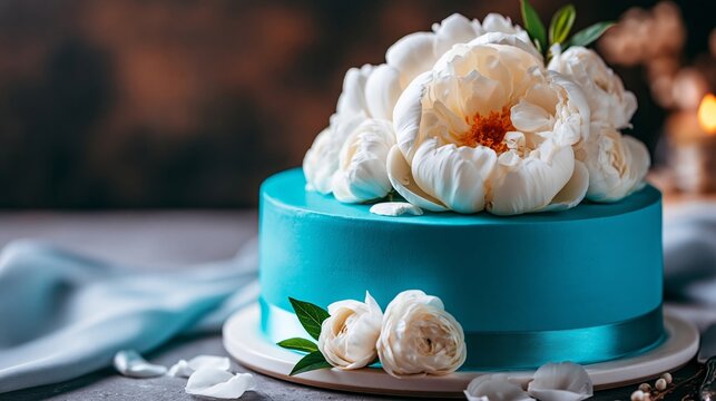 Turquoise tiered celebration cake decorated with white peonies and roses, elegant floral dessert for special occasions