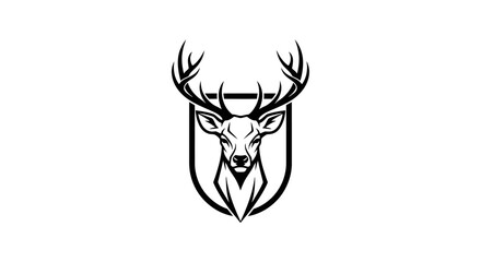 A striking black and white illustration of a majestic stag's head, centered within a shield emblem, showcasing its impressive antlers and stern gaze. © badoet