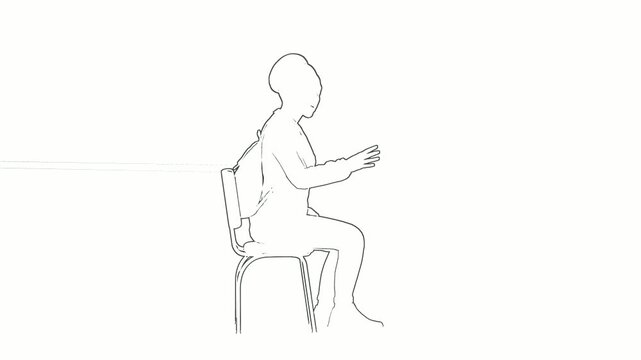 Continuous line drawing of a woman with a headwrap sitting on an office chair typing at an invisible desk. Symbolizes remote work, creative writing, and office workflow.