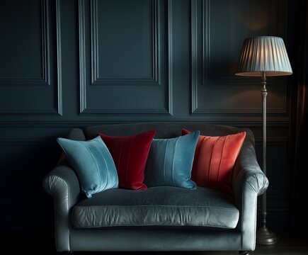 A cozy corner of a luxurious living room with a velvet navy blue sofa decorated with pillows. The walls, which are paneled in navy blue, and an elegant tasseled floor lamp create a soft.