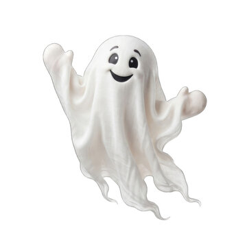 A friendly white ghost character waving hello isolated on transparent background