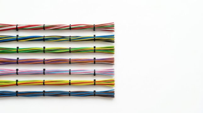A collection of colorful wires is bundled together with black binder clips.