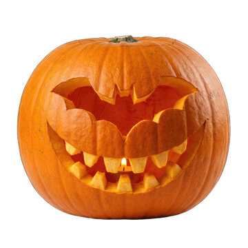 A carved halloween pumpkin with a bat design and glowing candle isolated on transparent background