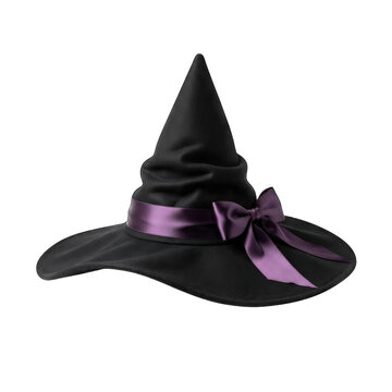 A classic black witch hat with a purple ribbon bow isolated on transparent background
