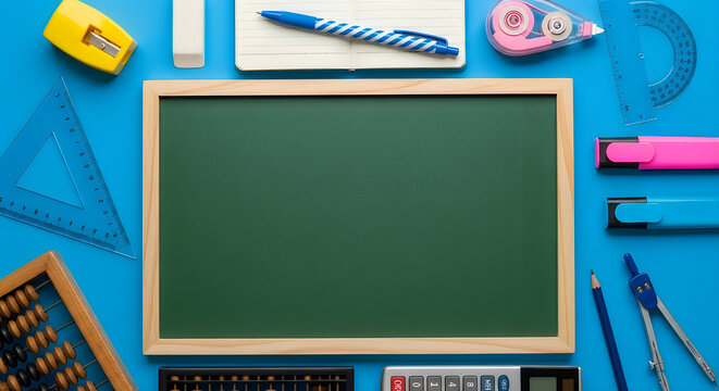 Blank chalkboard with school supplies on wooden desk. Empty green teaching board surrounded by colorful educational tools and stationery.