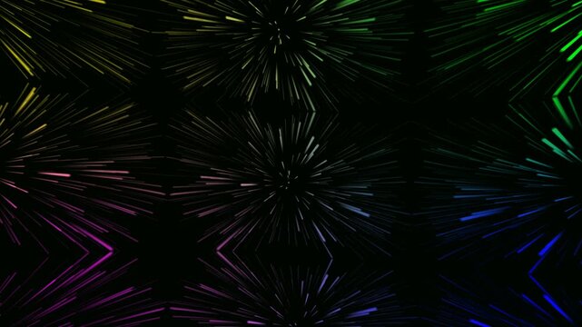 Multicolor fireworks burst animation with vibrant neon light trails forming repeating pattern on dark background.
