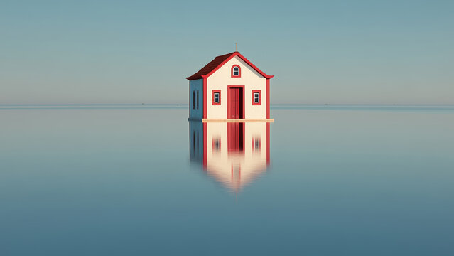 Minimalist house standing in still water creating a perfect mirror reflection under a clear sky. Conceptual architecture image symbolizing calmness, isolation and simplicity.