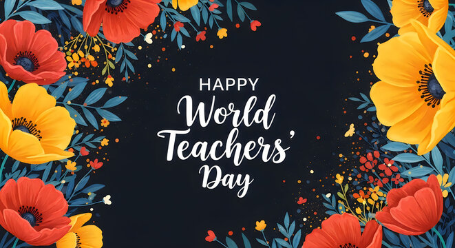 Happy Teachers Day celebration with floral greeting card. Vibrant educator appreciation message on colorful autumn blooms background.
