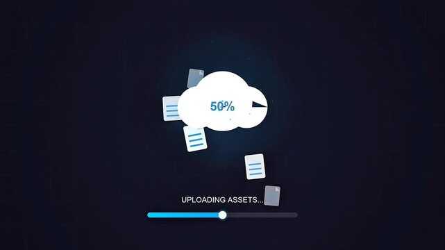 Cloud Upload Progress: A cloud icon with 50% displayed signifies a data transfer in progress, accompanied by floating documents and a progress bar indicating UPLOADING ASSETS.