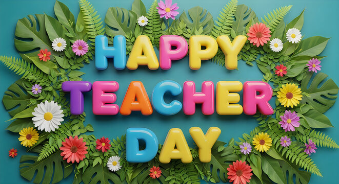 Happy Teacher Day celebration with colorful floral greeting sign. Vibrant educator appreciation banner surrounded by fresh spring flowers and foliage.