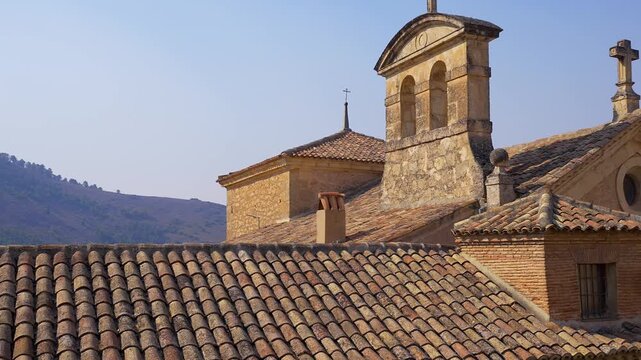 Tiled rooftops and Cerro del Socorro above the historic city of Cuenca, Castilla La Mancha