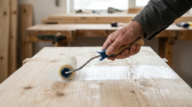 Craftsman spreading clear liquid biocide treatment onto a flat wooden panel using a hand paint roller.