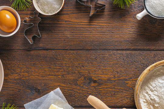 Christmas Baking Ingredients On Rustic Wooden Background