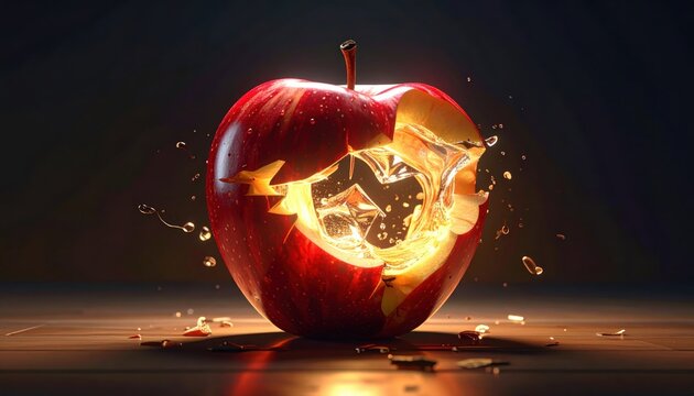 Red apple exploding with ice and liquid splash against a dark background