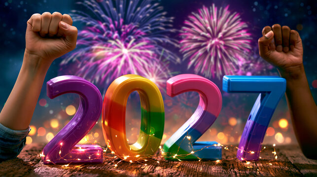 Festive 2027 celebration concept with colorful numbers and fireworks display, celebration