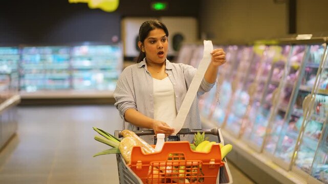 Shocked woman checking expensive supermarket receipt