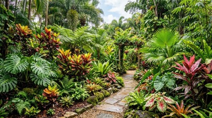 Fototapeta premium A lush tropical garden path winds through a dense collection of vibrant plants and ferns. A stone pathway leads deeper into the garden, framed by a wooden archway covered in greenery.