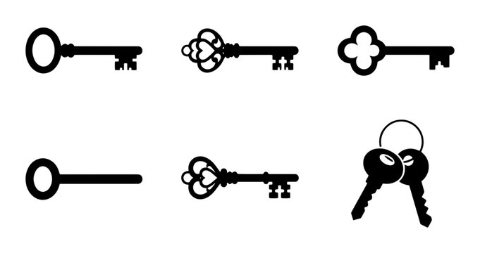 70 Vintage Skeleton Keys Collection, Antique Ornate Lock Picks, Retro Security Access Icons, Set of 6 Black Vector Elements 100