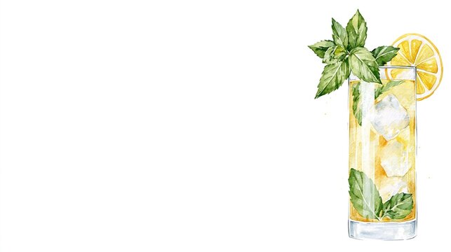 Refreshing summer drink with ice, mint, and lemon on a clean white background