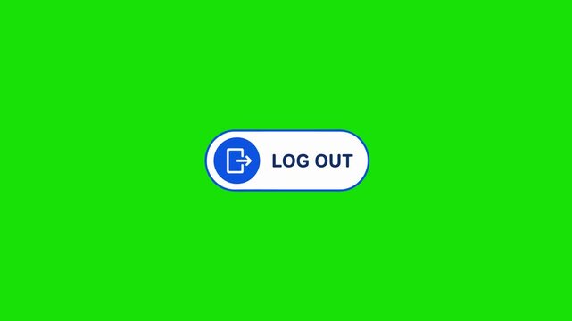 Animated white and blue LOG OUT interface button with an exit door icon over a solid green screen background. Ideal for UI/UX concepts, web design, and app tutorials.