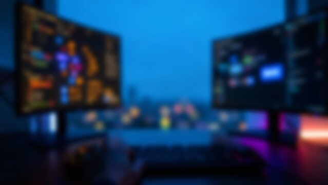 Futuristic Dual Monitor AI Workstation at Night for Tech Website
