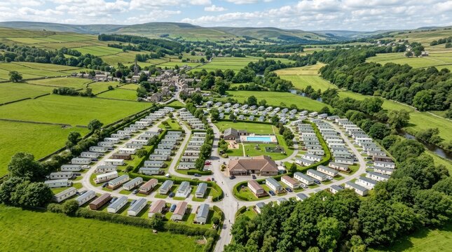 An aerial view showcases a large caravan park nestled within a picturesque valley.