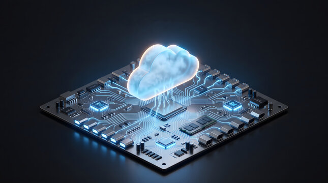 Glowing holographic cloud icon rising from a digital circuit board, symbolizing cloud computing and data technology. Represents IT infrastructure and connectivity. Ideal for tech, software