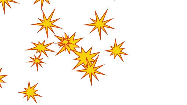 Animated cartoon style yellow and orange starburst impacts or explosion shapes falling against a white background. Perfect for comic effects, action, or pop art.