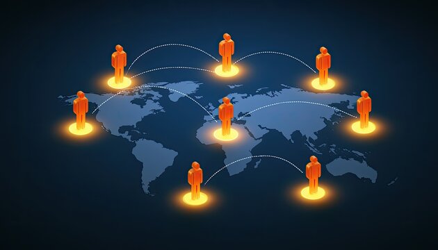 Orange figures connected across a glowing world map on a dark background