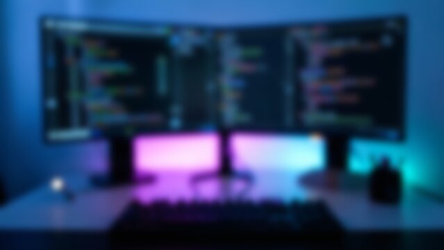 Blurred Neon Coding Workstation Setup for AI Software Landing Page