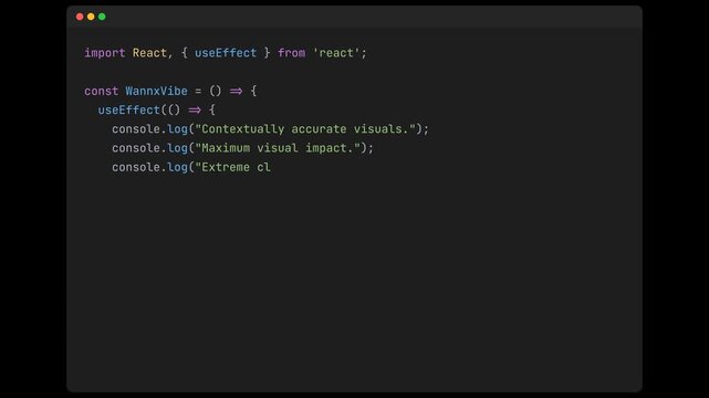 Animated React code typing in dark mode IDE window with syntax highlighting