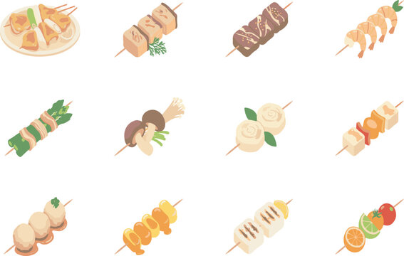set includes various meat options, vegetables, and mushroom skewers depicted in a simple, flat cartoon style.