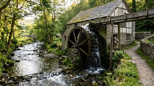 Ancient stone watermill with large wooden wheel operating beside fast flowing stream in lush green countryside with man working near building and bridge beyond.