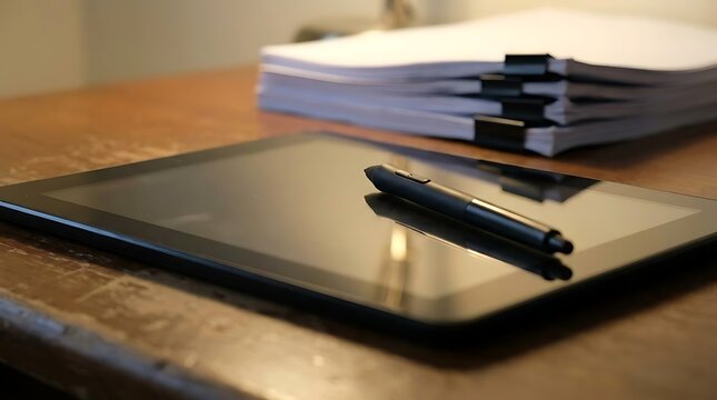 Digital tablet and stylus on wooden desk