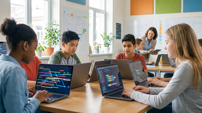 Diverse Middle School Students Learning Computer Coding with Laptops in Classroom with Teacher Background, Back to School Concept
