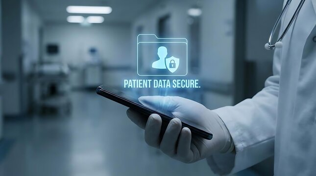 Doctor holding smartphone with digital patient data security icon
