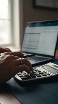 Hand using calculator with laptop in background