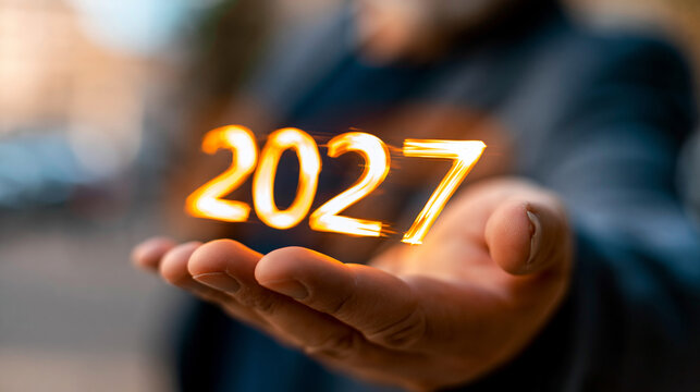 Hand holding the golden glowing year 2027 representing future success and opportunities