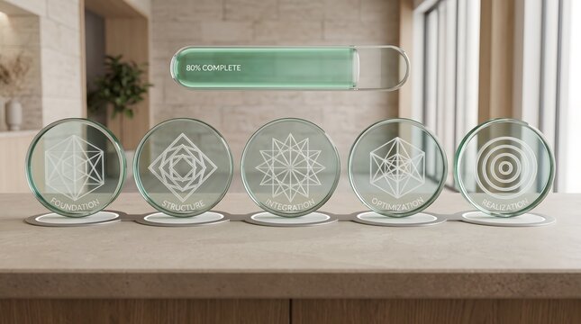 Project Management Process Concept with Five Glass Icons Showing Business Development Phases and Eighty Percent Progress Bar